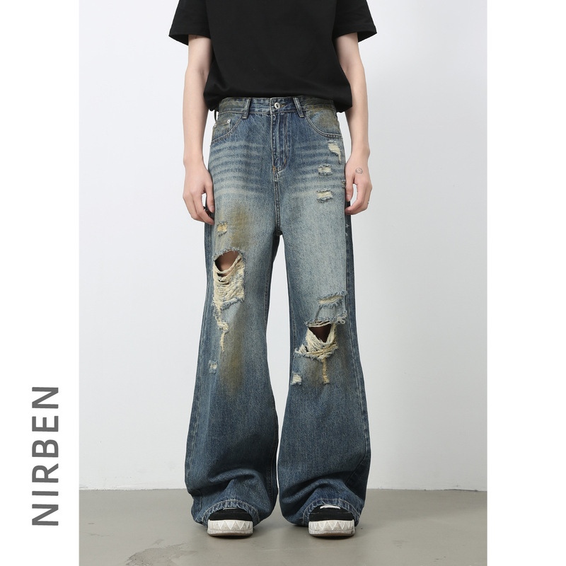Nirben Denim | American Retro Hole Design Mop Jeans Men's Washed Loose Straight Wide Leg Pants Trendy