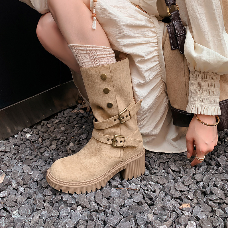 089 Two-Wear Wide Boots Women's Slip Fur Mid Boots Buckle Strap Martin Boots Maillard Lambskin Snow Boots