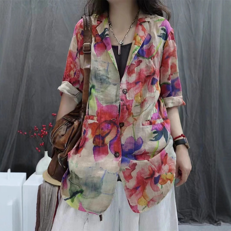 Cotton and Linen Women's 2025 Spring and Summer New Arrival Vintage Cotton and Linen Printed V-Neck Loose All-Match Seven-Sleeve Small Suit Hong Kong Style