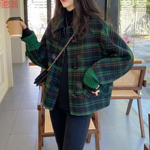 W9Q格子双面羊绒大衣女2023新款秋冬韩版短款蝙蝠袖牛角扣毛呢子