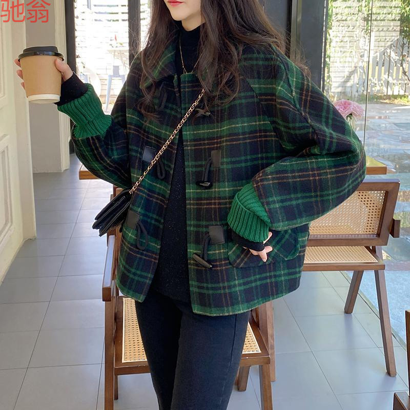 W9Q格子双面羊绒大衣女2023新款秋冬韩版短款蝙蝠袖牛角扣毛呢子