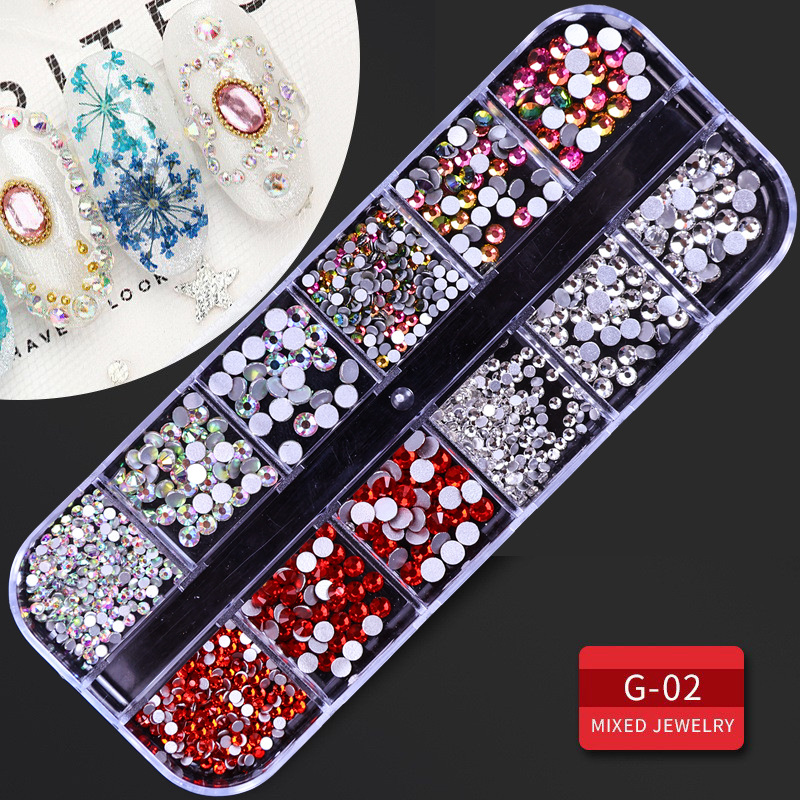 Juego completo transfronterizo de 12 compartimientos de remaches de metal, diamantes de imitación, Xingyue, piezas de concha de diamantes, accesorios para uñas, adornos para uñas