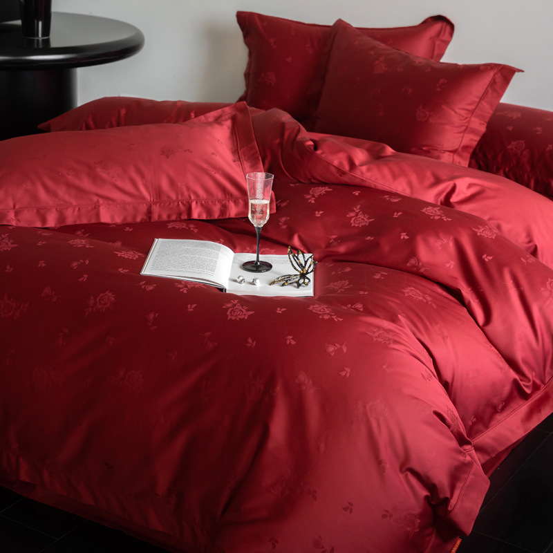 Nuevo estilo chino 100 algodón largo para la boda cuatro piezas de algodón Jacquard boda colcha de cama de algodón rojo