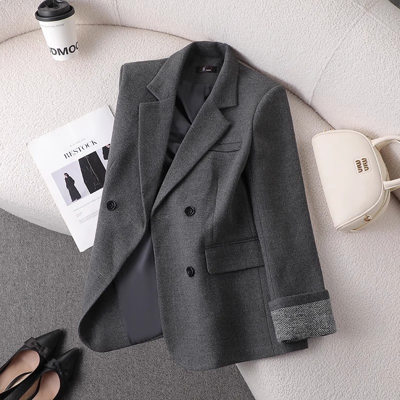 Gray Woolen Suit Jacket for Women in Autumn and Winter New Style Accessible Luxury High-End Suit for Small People Commuting Interview Workwear