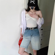 夏季薄款牛仔中裤五分裤女大码胖mm渐变宽松马裤高腰骑行渐变短裤