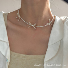 韩系气质少女甜美蝴蝶结项链珍珠手工串珠ins风简约S925锁骨链女