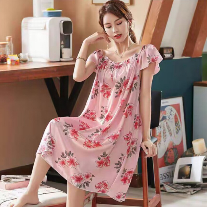 Camisón de verano las mujeres seda hielo delgada sexy floral manga corta más tamaño suelta artificial camisón inicio desgaste