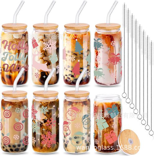 Cross-border hot sublimation cola cup bamboo lid with straw glass cup transparent Mason jar juice coffee cup beer cup