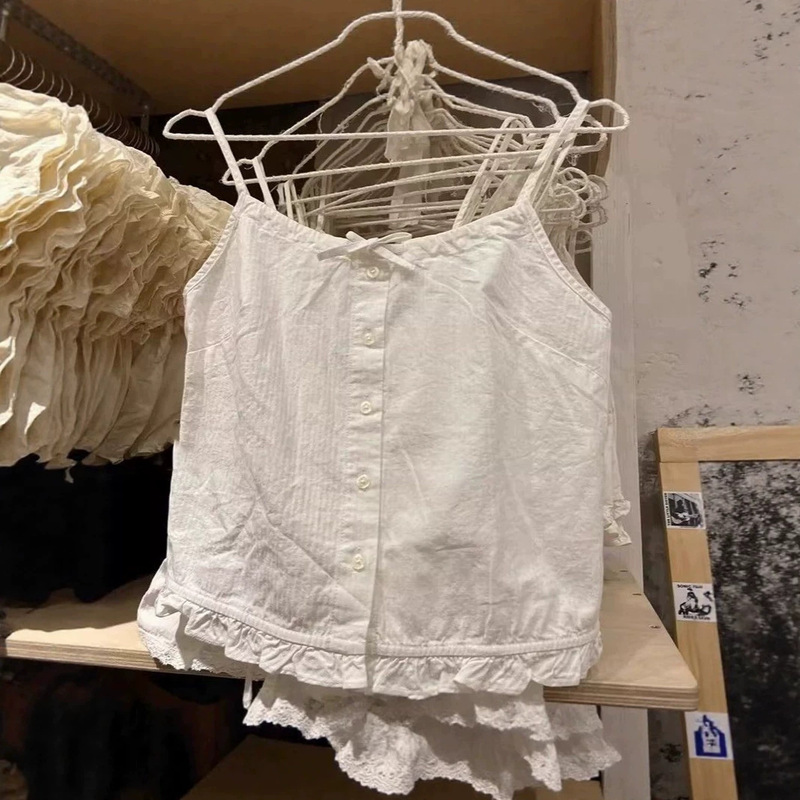 100% Cotton American-Style Single-Breasted White Lace Camisole, Bm Inner Wear, Sexy Versatile Top for Petite Women