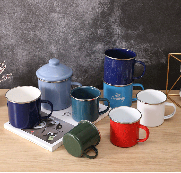 厂家直供搪瓷杯马克杯复古怀旧搪瓷杯马克杯老式茶缸带盖搪瓷茶缸