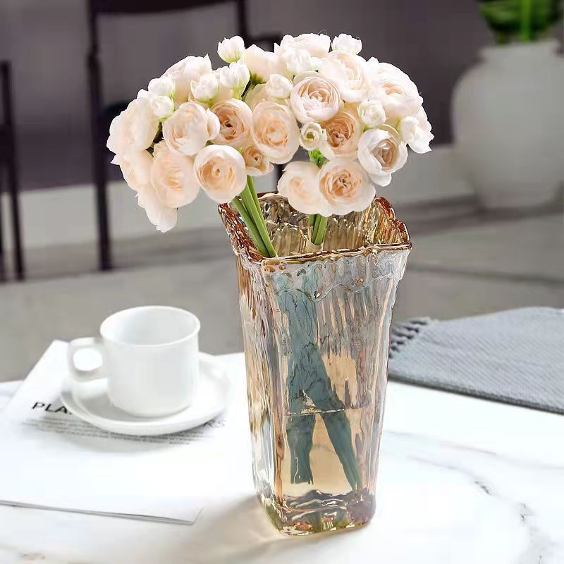 Jarrón de vidrio con boca ondulada, diseño europeo para flores naturales