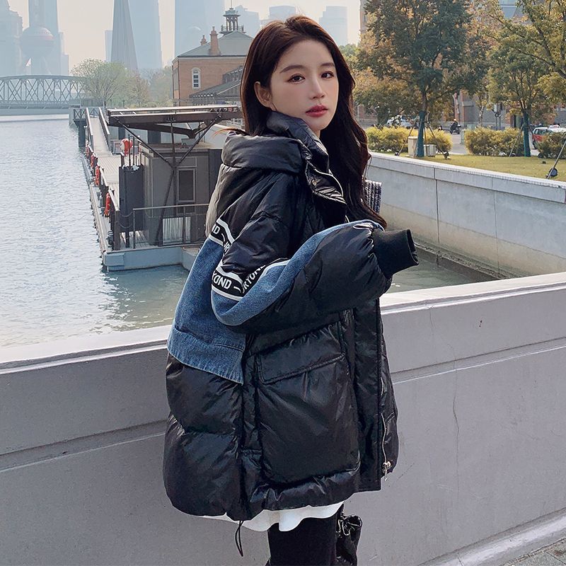 牛仔撞色拼接小众设计感黑色棉服女冬季2024新款韩系超好看外套