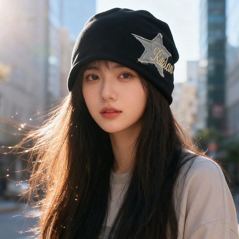 帽子女美式百搭学院风堆堆帽秋冬小众潮 ins星星包头帽护耳月子帽|undefined
