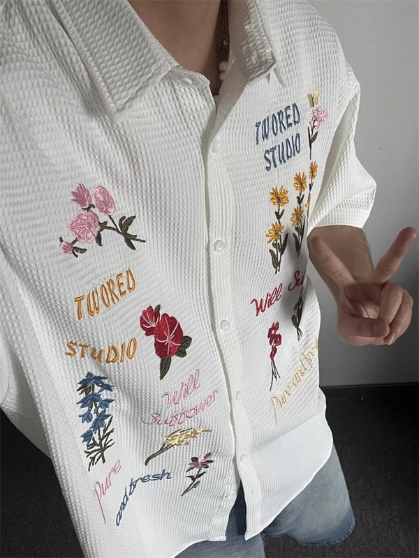 アメリカンレトロワッフル花柄シャツカラフルな刺繍半袖Tシャツルーズレイジースタイルカジュアル万能メンズTシャツ|undefined