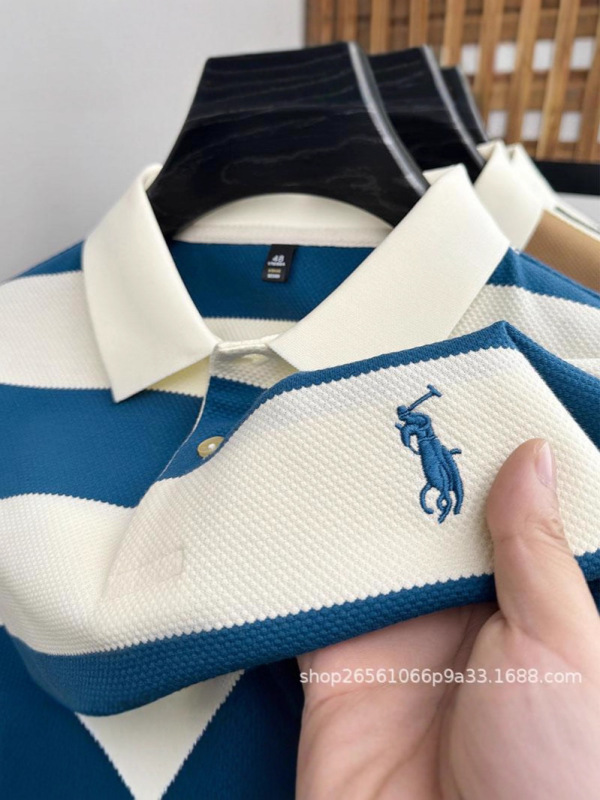 工場直販 2025 新作夏ストライプ半袖カジュアルトレンディブランドメンズラペル刺繍 T シャツファッショナブルで多用途|undefined