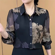 高档雪纺衫女长袖秋季新款宽松遮肚子上衣气质女人味中老年妈妈装