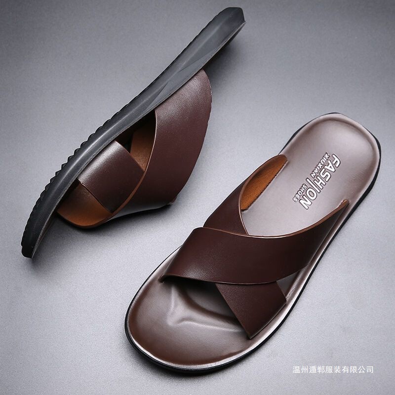 Outdoor Soft Leather Slippers for Summer, New Korean Style Men's Casual Non-Slip Trendy One-Strap Beach Shoes