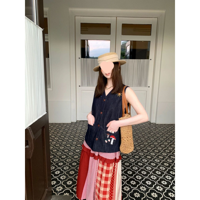 套装女夏季法式复古刺绣牛仔无袖背心马甲开衫格子拼接半身裙子潮|undefined