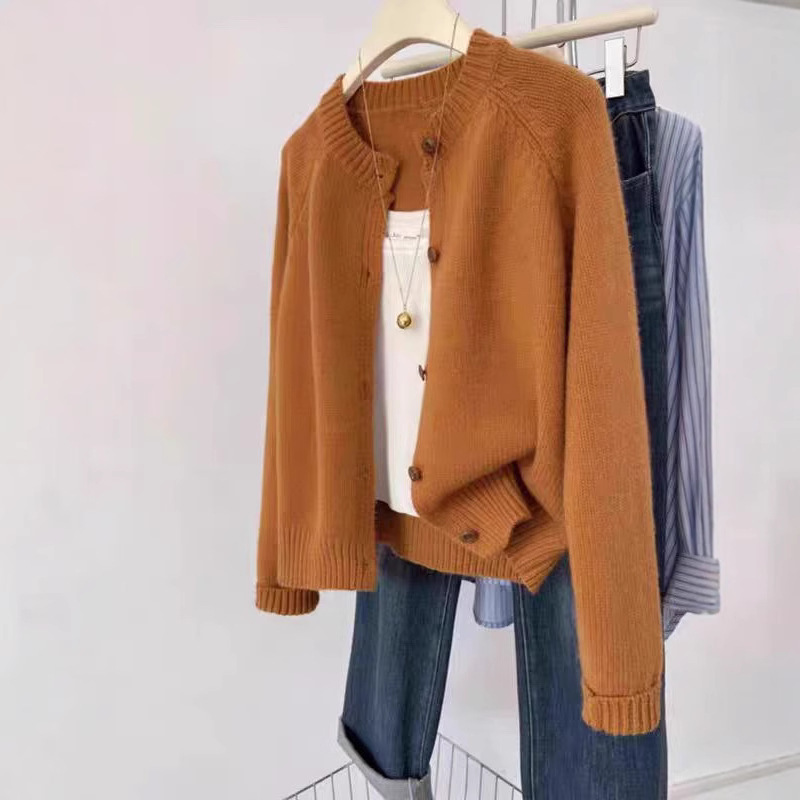 Seven-Needle Thickeneded 100% Pure Wool Knitwear Women's Cardigan Round Neck Raglan Sleeves Loose Casual Versatile Autumn and Winter Jacket