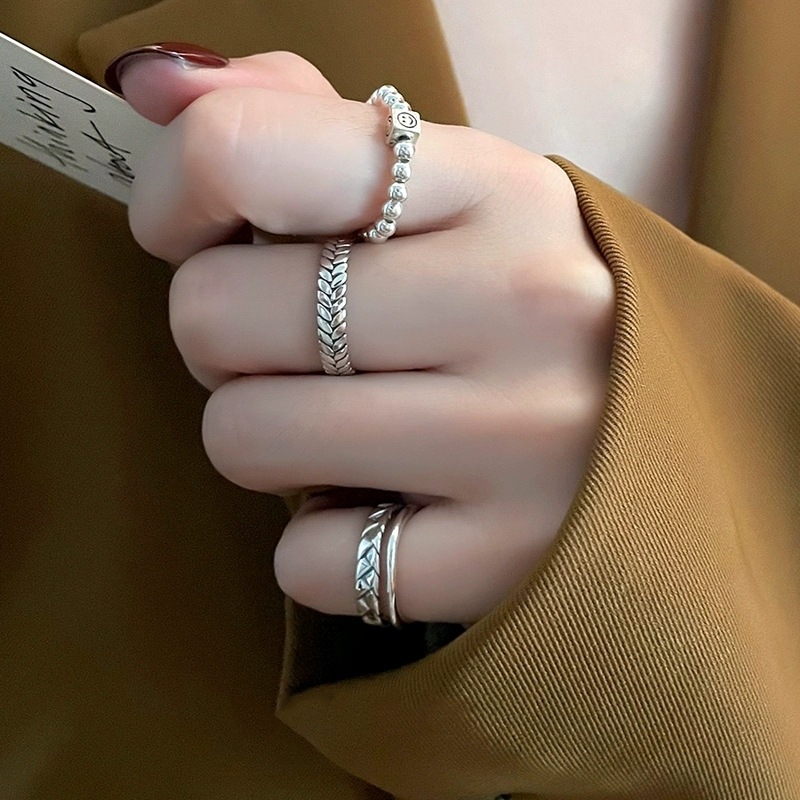 甜酷疊戴笑臉戒指女復古幾何百搭雙層S925鍍鍍銀開口指環食指戒