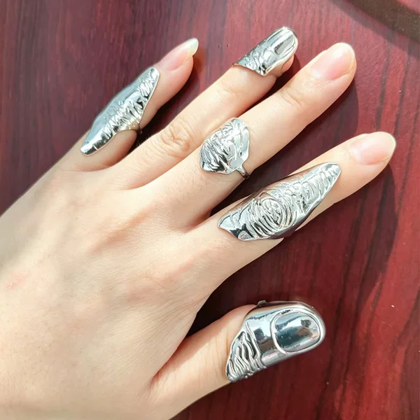 Cross-Border Irregular Texture Joint Ring Hip-Hop Style Armor Full-Finger Silver Ins-Style Joint Protection Ring