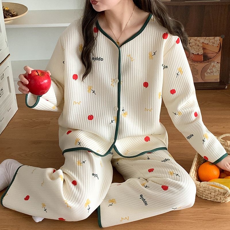Pijamas de algodón de aire de mujeres otoño y invierno nuevo engrosado de mangas largas dulce pequeño viento fragante calentamiento conjunto de ropa de hogar se puede usar fuera