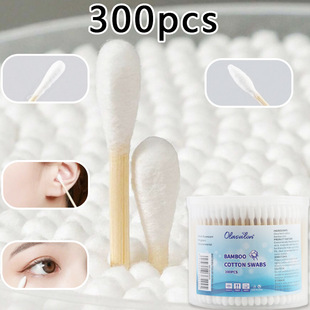 Cross-Border Popular Pure Cotton 300 Boxed Double-Ended Pointed Round-Head Cotton Swabs Disposable Beauty Makeup Remover Cleaning Cotton Swabs