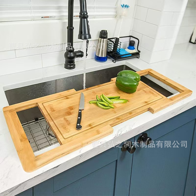 竹制水槽放置托盘厨房可伸缩切菜板水果板熟食砧板加厚实木切菜板