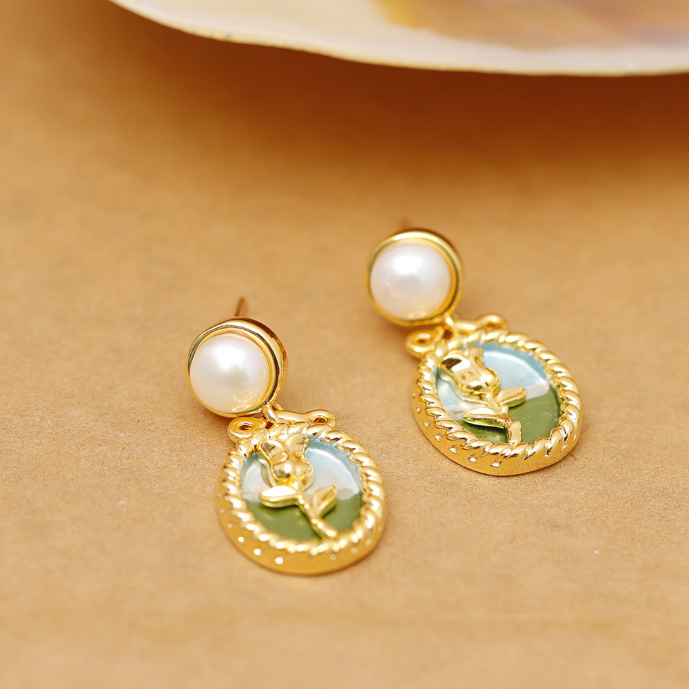 Vintage Style French Style Flower Copper Enamel Plating Freshwater Pearl Drop Earrings 1 Pair display picture 6