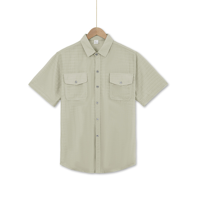 Chemise d'été à manches courtes pour homme, couleur unie, double poche, décontractée, pour les vacances_voghion.com