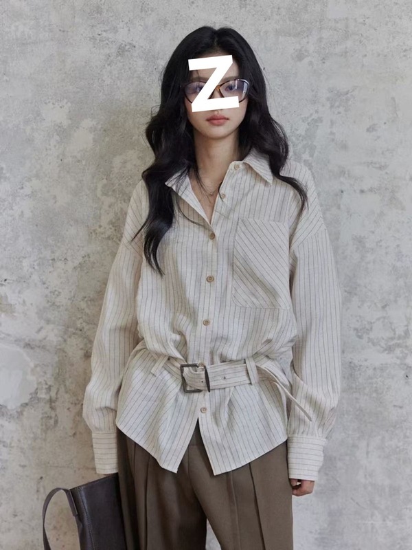 韩系Polo领条纹衬衫女秋小众设计感气质宽松休闲显瘦长袖百搭上衣|undefined