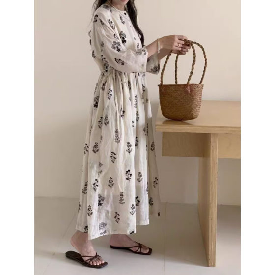 2025 Summer New Style Ramie dress Women's Loose Slimming Elegant Long Skirt Artistic Cotton and Linen Robe Floral Dress