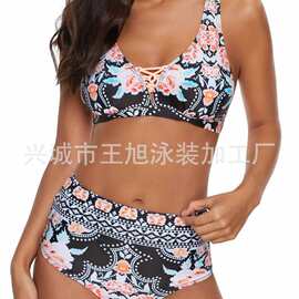 新款欧美泳装 女士分体显瘦性感高腰显瘦比基尼bikini印花游泳衣