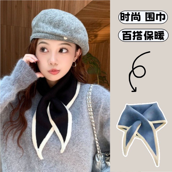 Knitted Scarf Women's Small Scarf Autumn and Winter Triangle Scarf Versatile Cross Neck Gaiter Neck Warmer Scarf Student Scarf