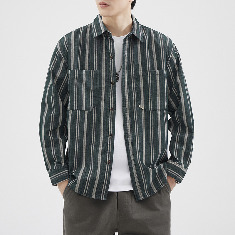 Camicia da uomo a righe retrò, camicia a maniche lunghe, cappotto da esterno, top ampio_voghion.com