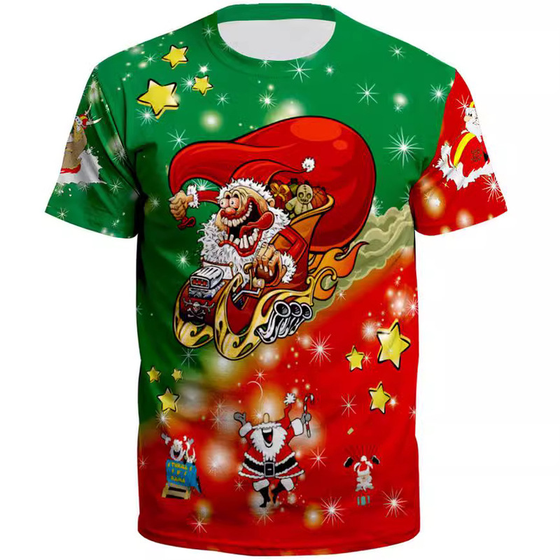 Foreign Trade Cross-border Christmas Christmas New European and American Youth Short-sleeved Men's and Women's Couple Style Round Neck T-shirt