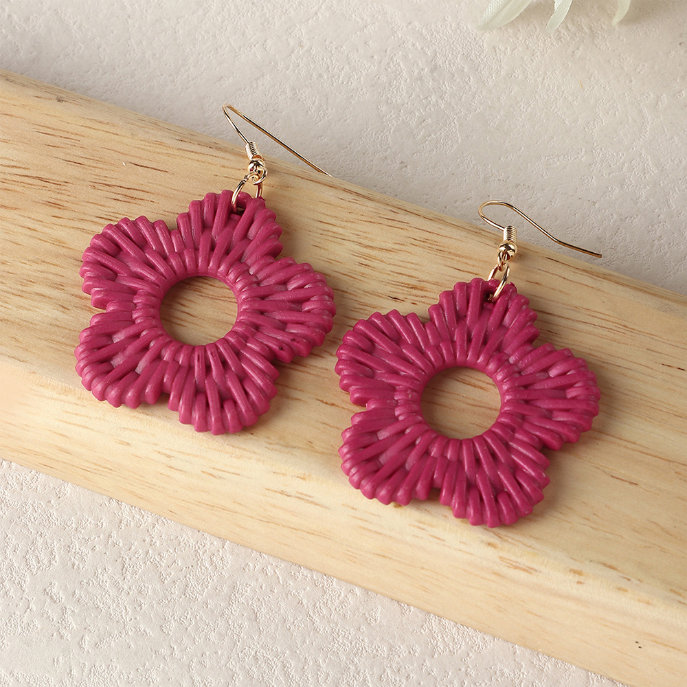 Fashion Solid Color Hollow Flower Bamboo Rattan Straw Drop Earrings display picture 5