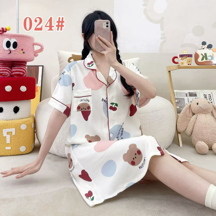 Pijama de verano de manga corta cardigan con solapa impresión de dibujos animados nubes de algodón dulce suelto medio largo vestido transfronterizo