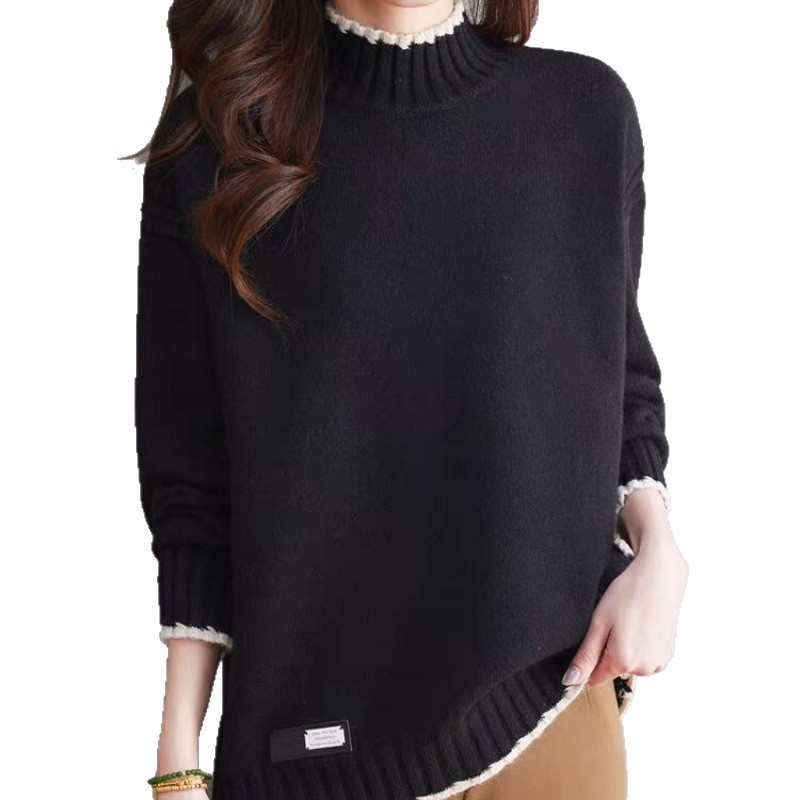 Playera de Punto con Cuello Medio Alto de Acrílico y Nailon Bloque de Color para Otoño e Invierno