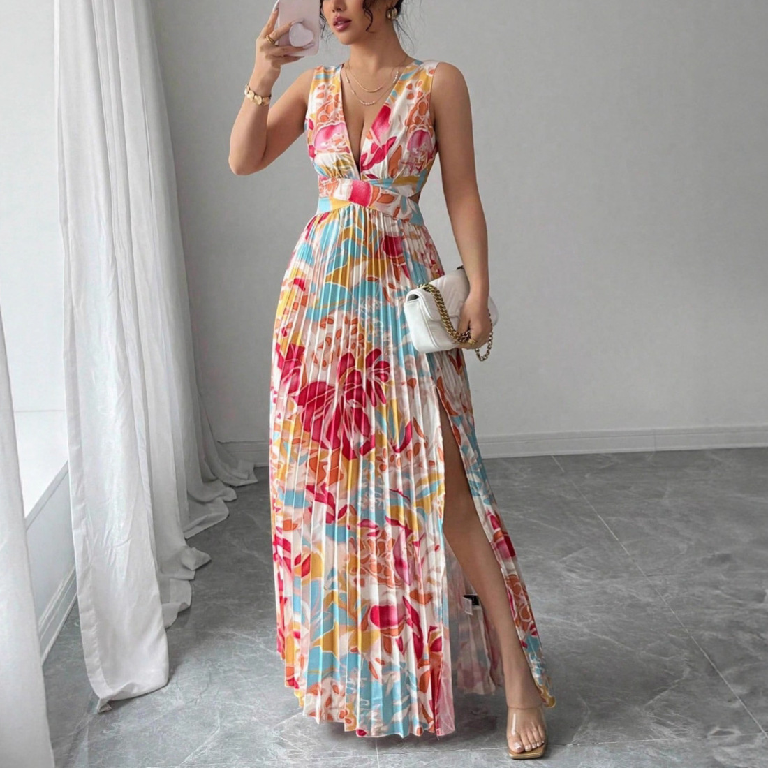 2026 Amazon Summer New Style European and American Resort Style Elegant Printed Women's V-Neck Slit Pleated Long Dress