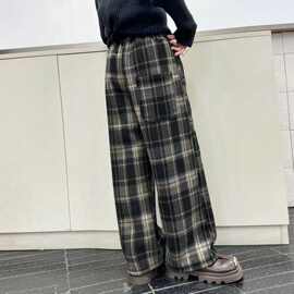 女童2025早春新款春秋格子阔腿裤高腰显瘦毛呢休闲宽松直筒复古裤
