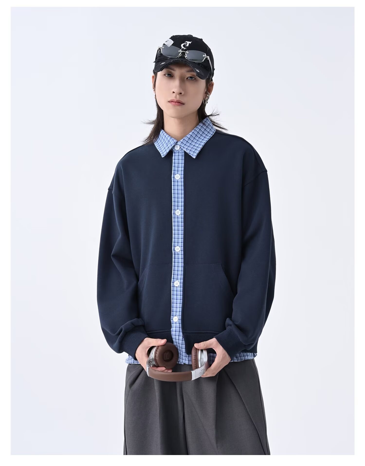 Men's Cardigan Sweatshirt Retro Checkered Patchwork Lazy Style_voghion.com