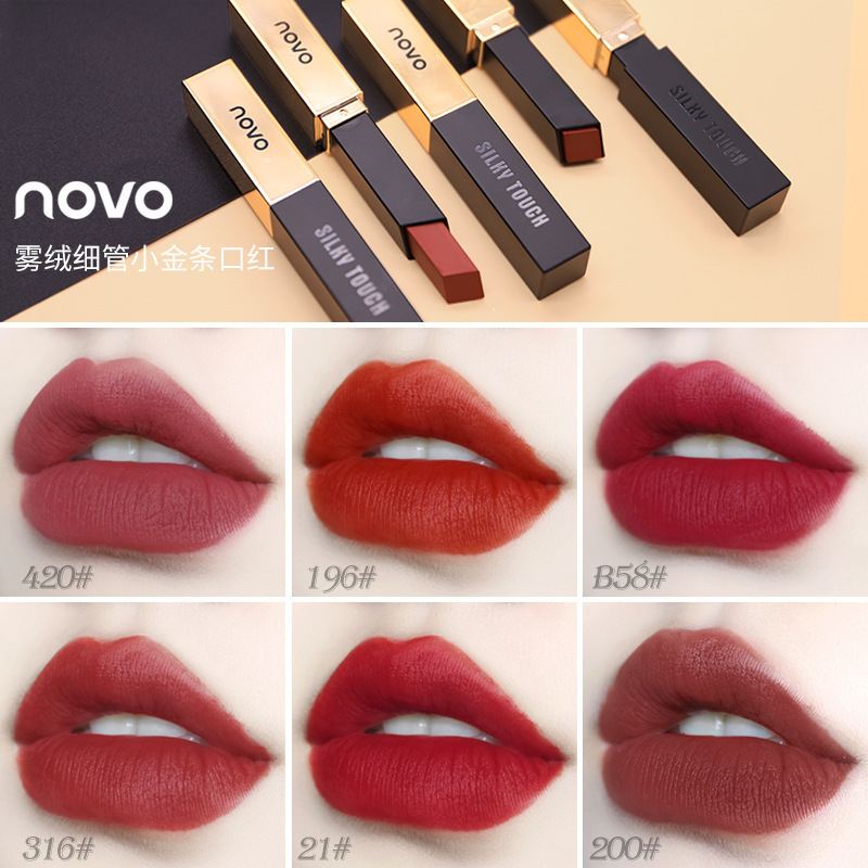 Novo Matte Velvet Thin Tube Small Gold Bar Lipstick Moisturizing Matte Anti-Sweat Velvet Texture Easy to Color Not Easy to Fade