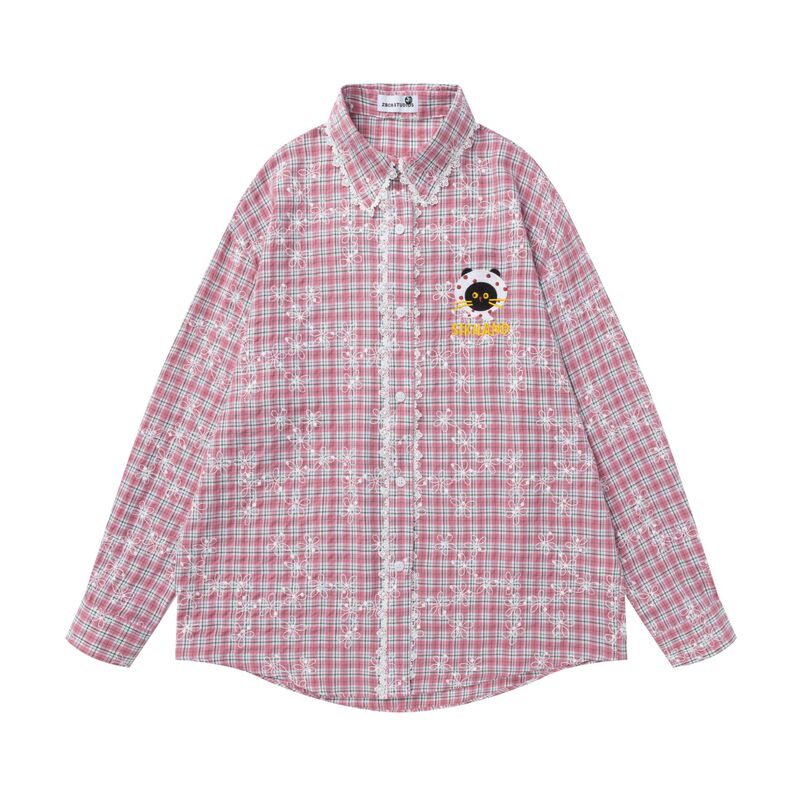 Autumn American Retro Niche Design Lace Stitching Cat Embroider Plaid Loose Versatile Long-Sleeved Shirt for Women
