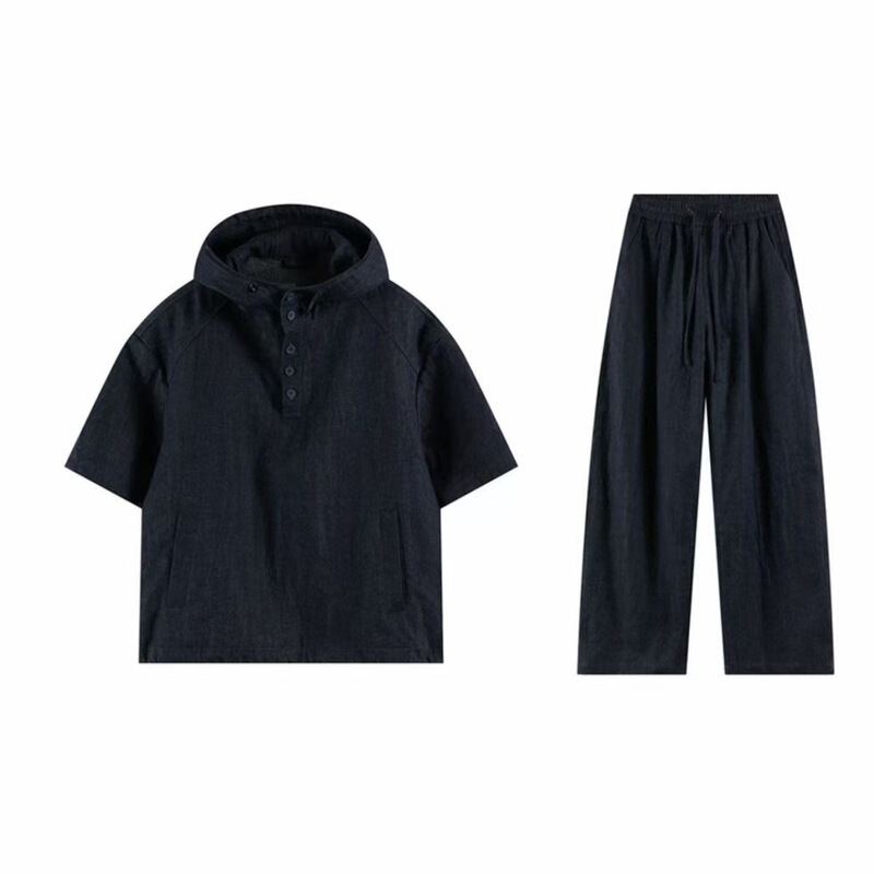 2026 Natural Cotton and Linen Denim Hooded Pullover Shirt Half-Sleeve Trendy Men's Casual Straight-Leg Pants Set Stylish 2026 Natural Cotton and Linen Denim Hooded Pullover Shirt Half-Sleeve Trendy Men's Casual Straight-Leg Pants Set Stylish