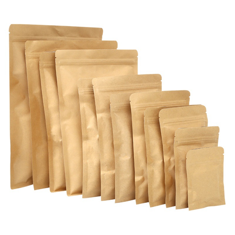 Bolsa ziplock de papel kraft al contado del fabricante, bolsa sellada de embalaje de plástico aluminizado interior de fondo plano, impresión de bolsa de papel kraft