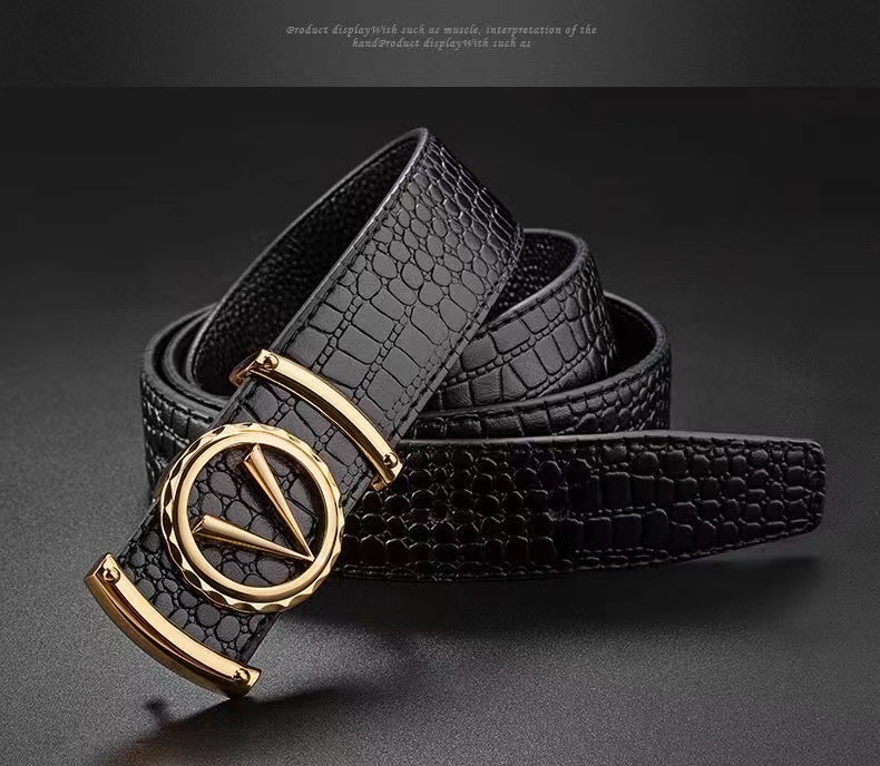 Neuer Krokodilgürtel für Herren aus Oberleder mit zahnloser automatischer Schnalle, echter Leder-Buchstaben-Modegürtel, trendige Marken-Freizeitanzughose_voghion.com