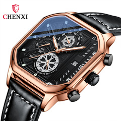 Morning Square Multifunctional Men's Watch Wholesale Chronograph Calendar Luminous Belt Cross-Border Fashion Quartz Watch