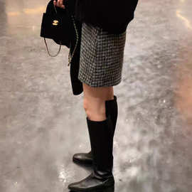 现货2025冬季新款韩版OU*CE高腰显瘦小香风粗花呢A字格子半身裙女