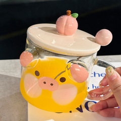 Cute cartoon animal borosilicate glass cup, high-temperature resistant mugs with lids and spoons, office coffee cups